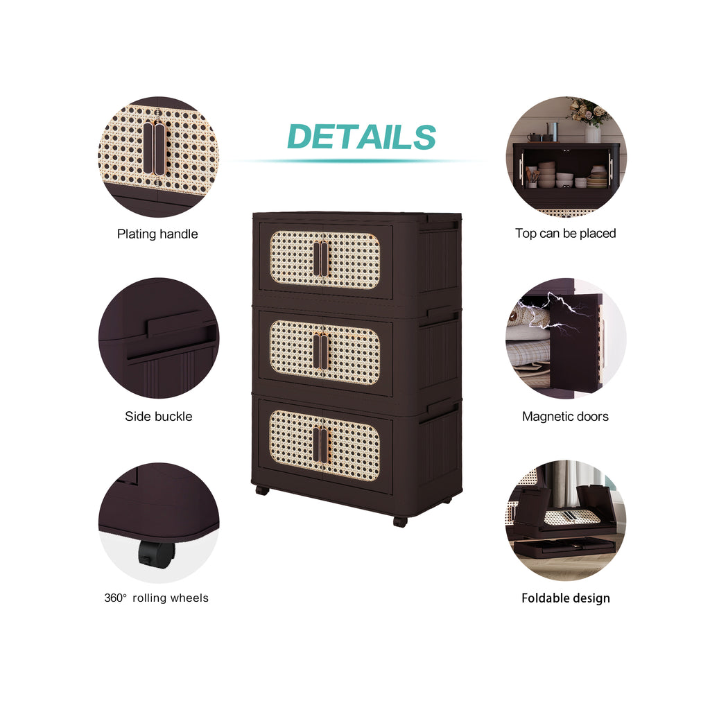 Retro Brown, 20' Side Wide Folding Storage Cabinet ,4 Tiers,19.69'×11.81'×40.55',Collapsible Storage Bins with Magnetic Door, Plastic Storage Cabinet with Wheels