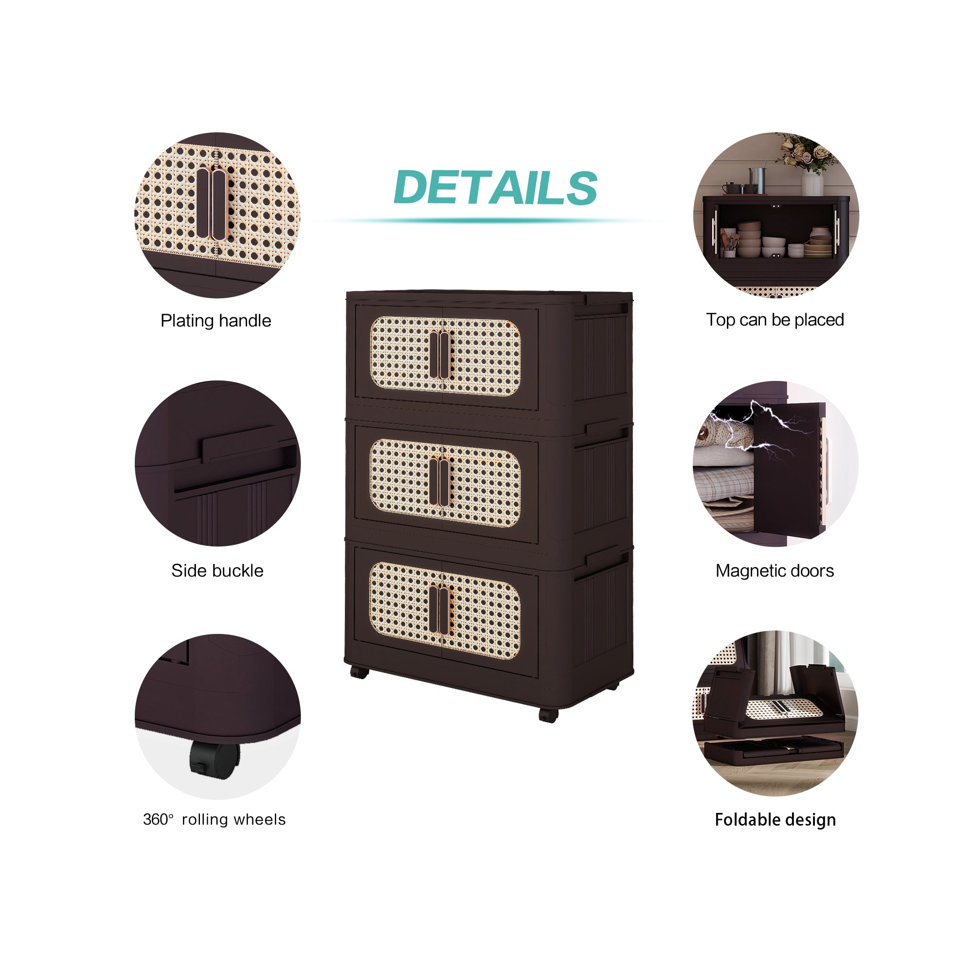 Retro Brown, 20' Side Wide Folding Storage Cabinet ,4 Tiers,19.69'×11.81'×40.55',Collapsible Storage Bins with Magnetic Door, Plastic Storage Cabinet with Wheels