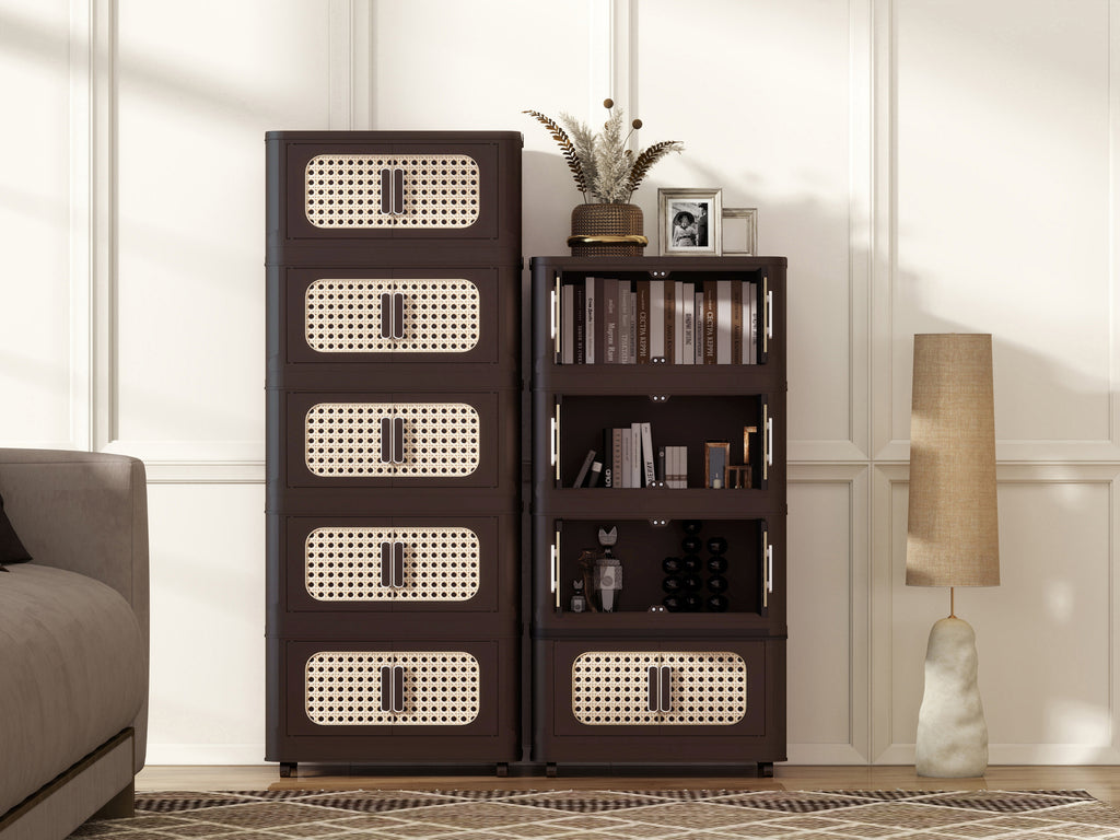 Retro Brown, 20' Side Wide Folding Storage Cabinet ,4 Tiers,19.69'×11.81'×40.55',Collapsible Storage Bins with Magnetic Door, Plastic Storage Cabinet with Wheels