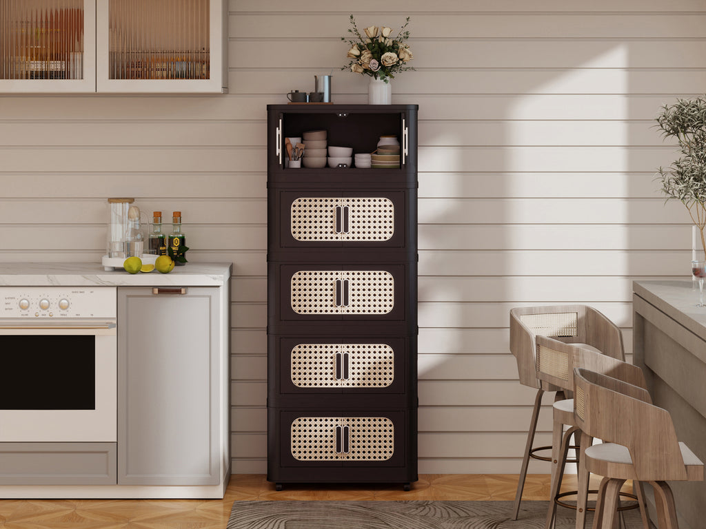 Retro Brown, 20' Side Wide Folding Storage Cabinet ,4 Tiers,19.69'×11.81'×40.55',Collapsible Storage Bins with Magnetic Door, Plastic Storage Cabinet with Wheels