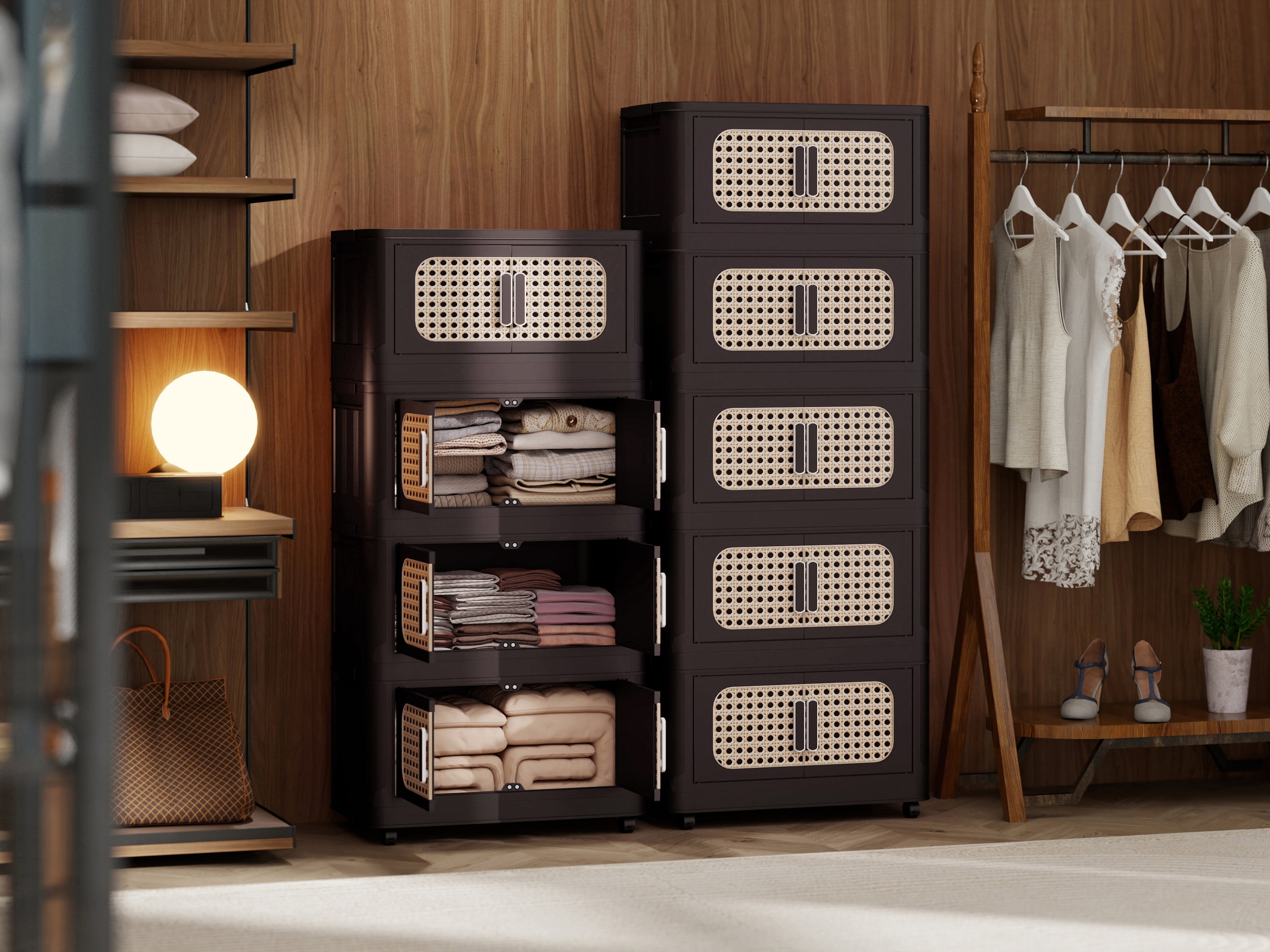 Retro Brown, 20' Side Wide Folding Storage Cabinet ,4 Tiers,19.69'×11.81'×40.55',Collapsible Storage Bins with Magnetic Door, Plastic Storage Cabinet with Wheels