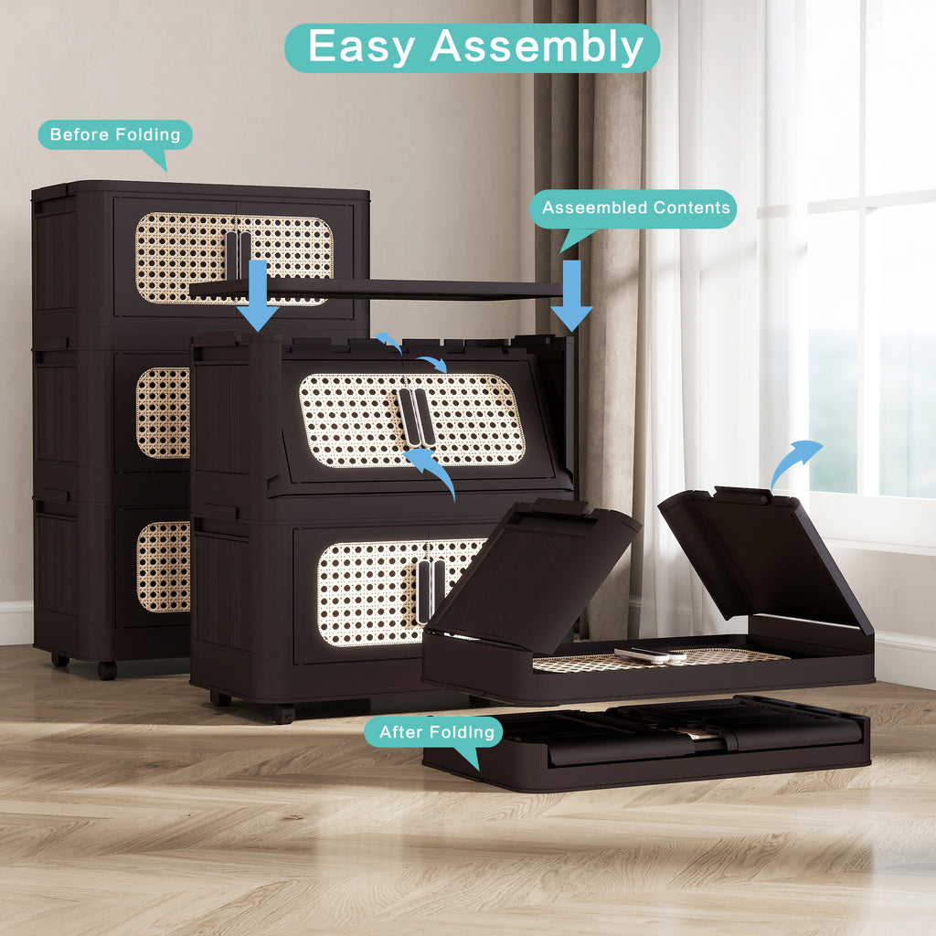 Retro Brown, 20' Side Wide Folding Storage Cabinet ,4 Tiers,19.69'×11.81'×40.55',Collapsible Storage Bins with Magnetic Door, Plastic Storage Cabinet with Wheels