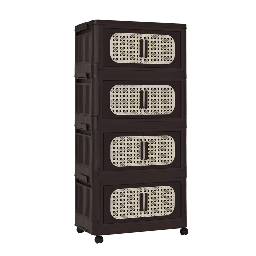 Retro Brown, 20' Side Wide Folding Storage Cabinet ,4 Tiers,19.69'×11.81'×40.55',Collapsible Storage Bins with Magnetic Door, Plastic Storage Cabinet with Wheels