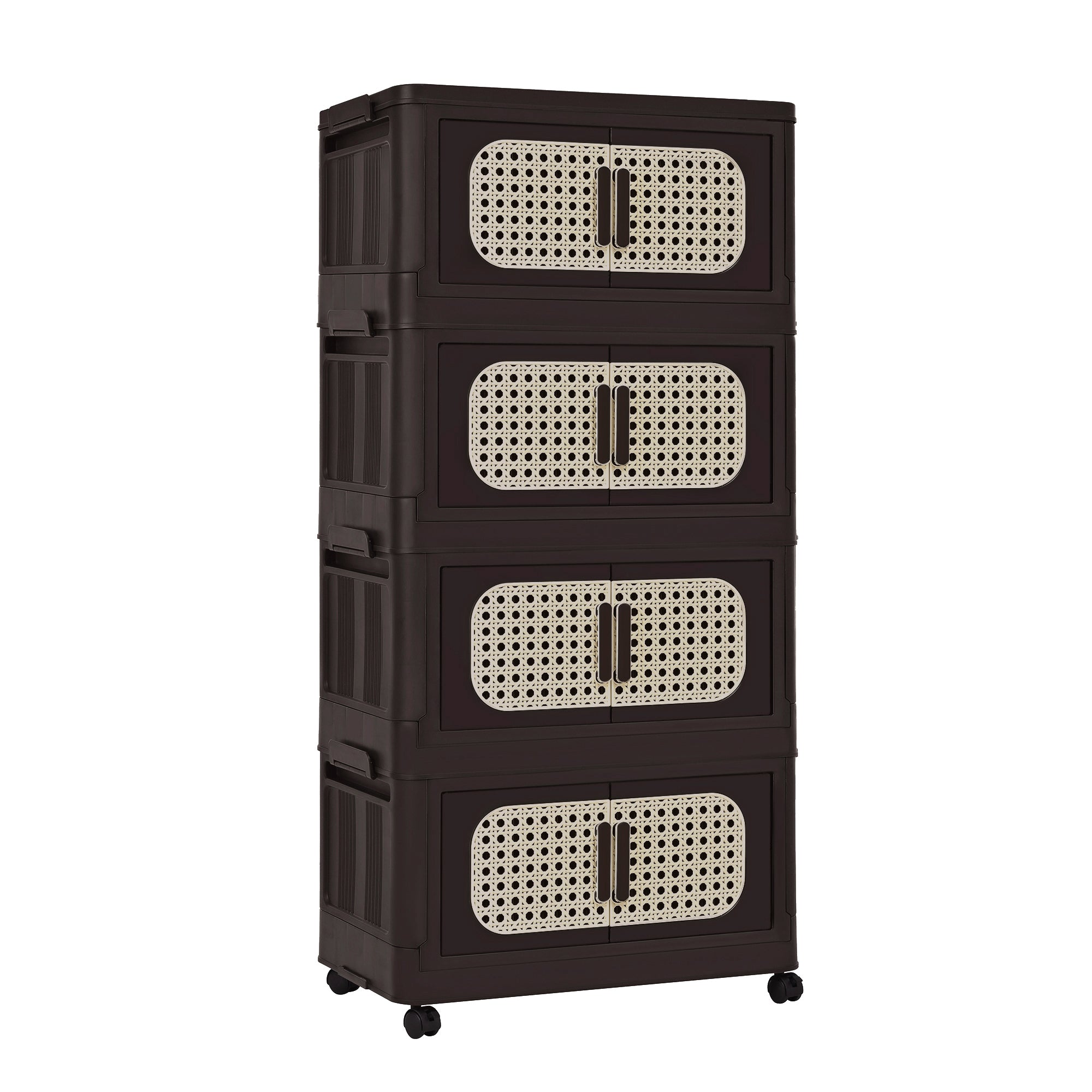Retro Brown, 20' Side Wide Folding Storage Cabinet ,4 Tiers,19.69'×11.81'×40.55',Collapsible Storage Bins with Magnetic Door, Plastic Storage Cabinet with Wheels