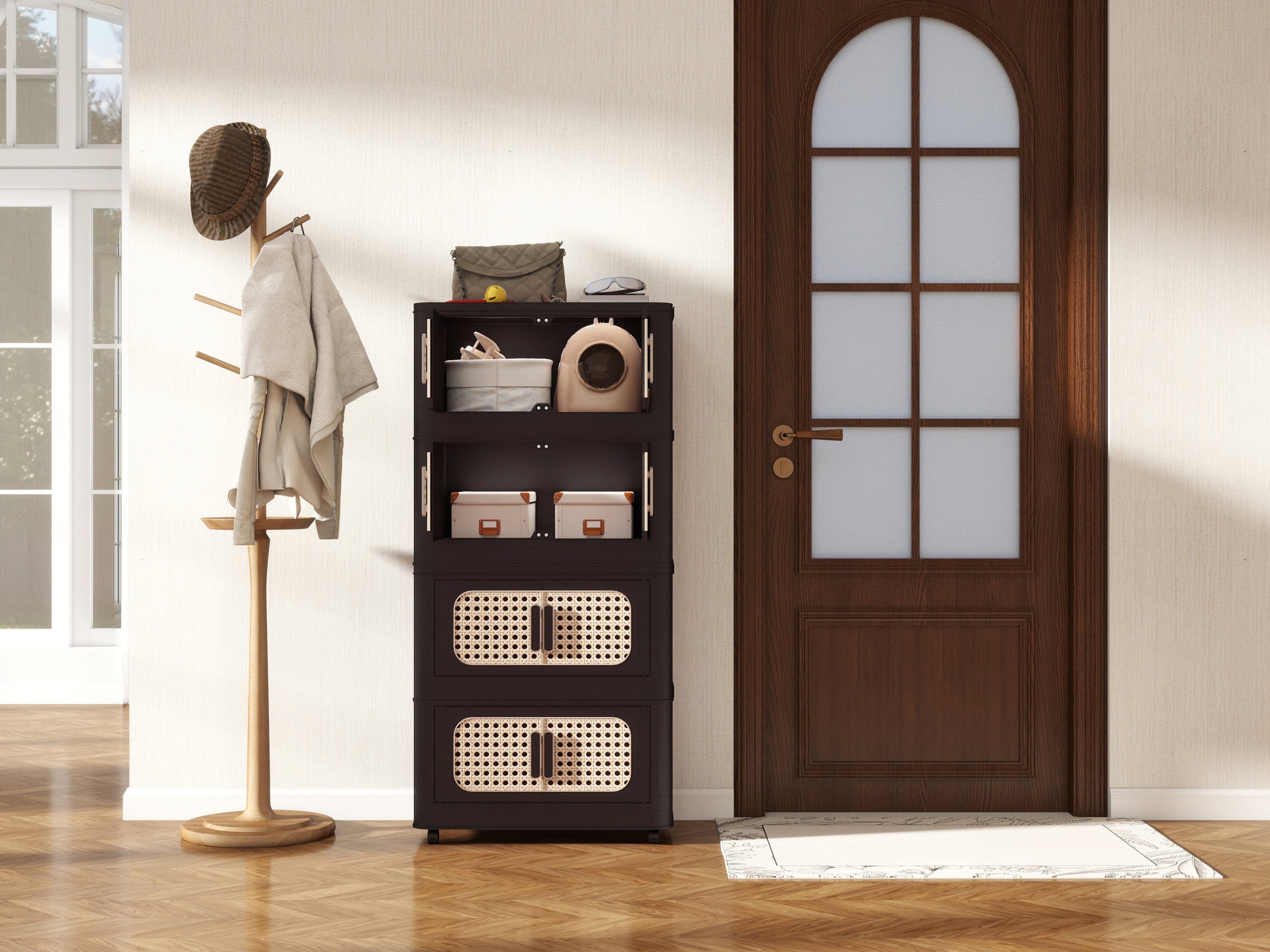 Retro Brown, 20' Side Wide Folding Storage Cabinet ,4 Tiers,19.69'×11.81'×40.55',Collapsible Storage Bins with Magnetic Door, Plastic Storage Cabinet with Wheels