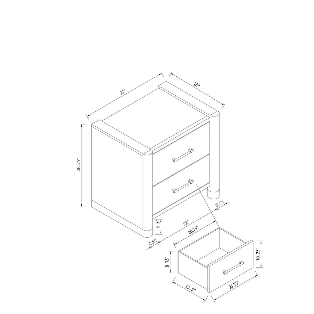 Sarai Brown Nightstand with Spacious Drawers and Acrylic Handles in Rubber Wood, Brown Finish Nightstands