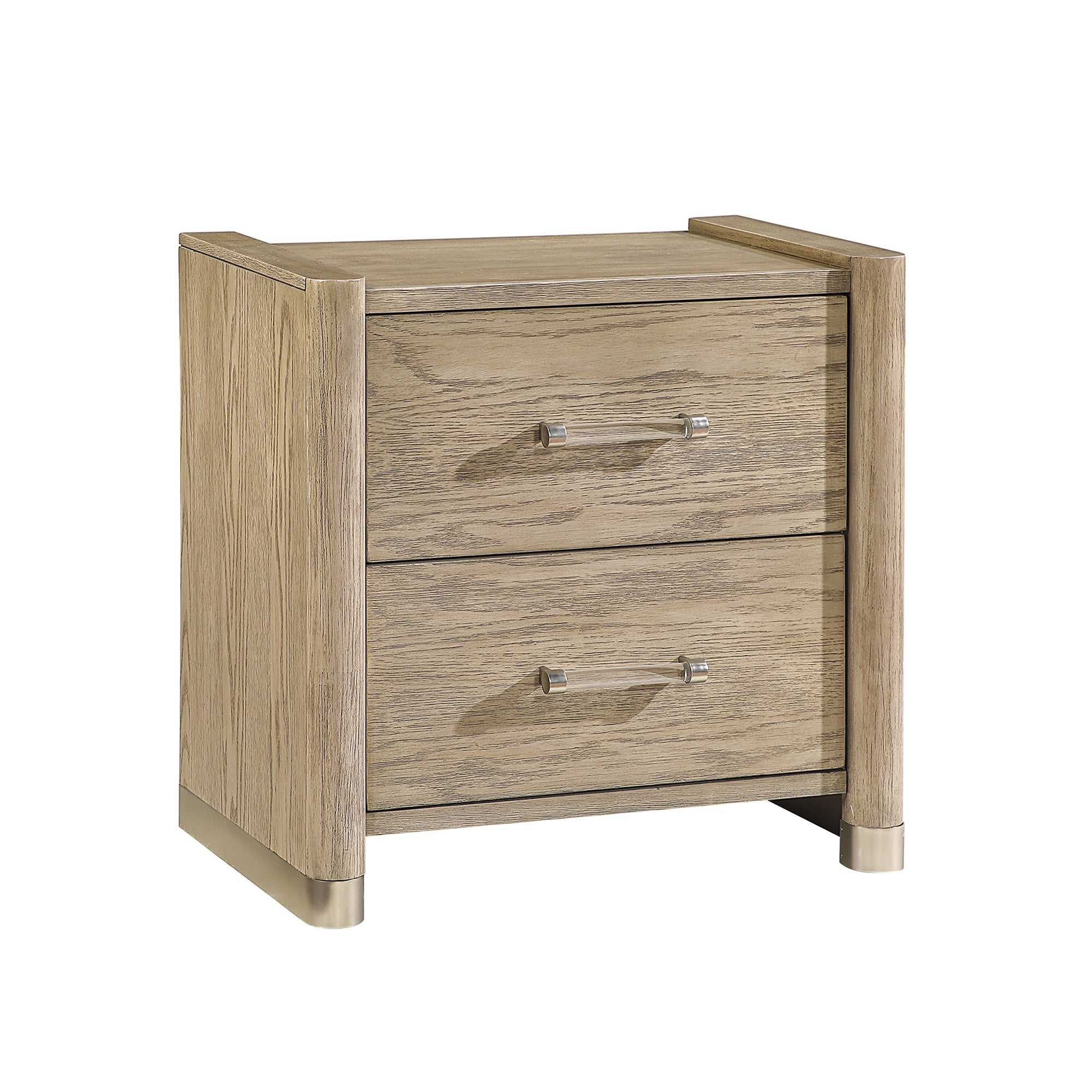 Sarai Brown Nightstand with Spacious Drawers and Acrylic Handles in Rubber Wood, Brown Finish Nightstands