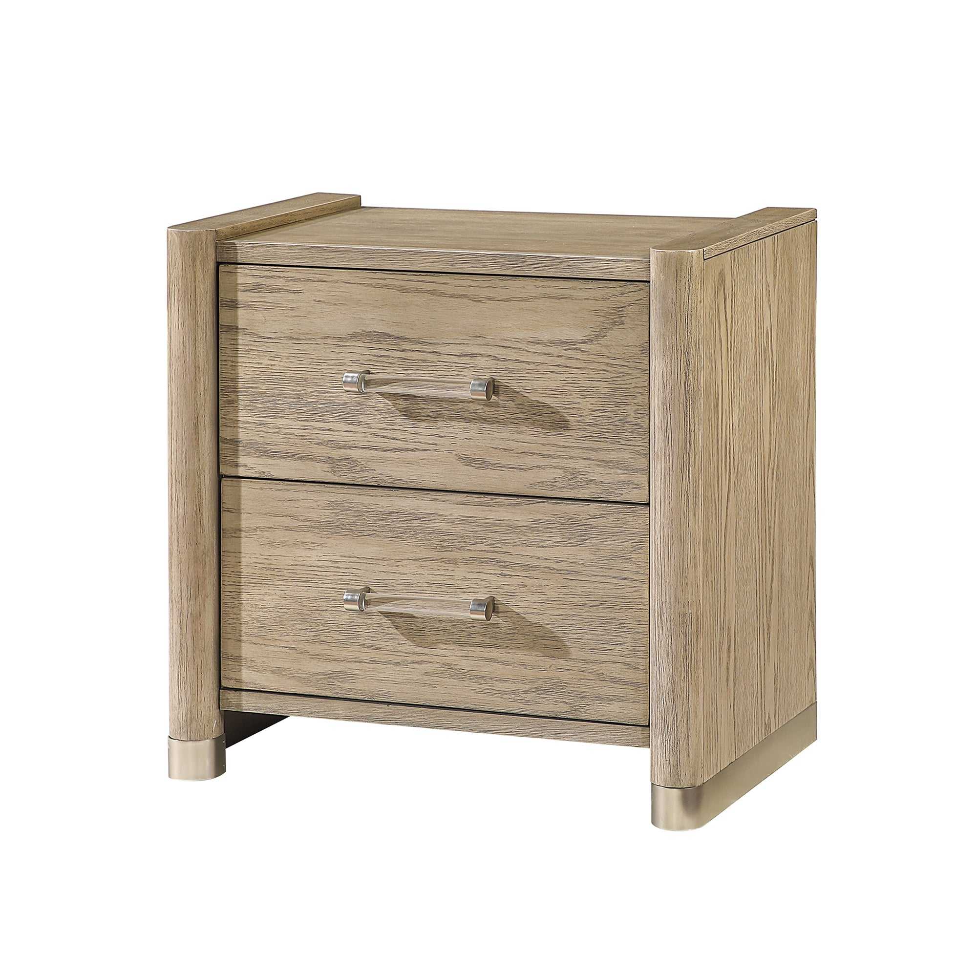 Sarai Brown Nightstand with Spacious Drawers and Acrylic Handles in Rubber Wood, Brown Finish Nightstands