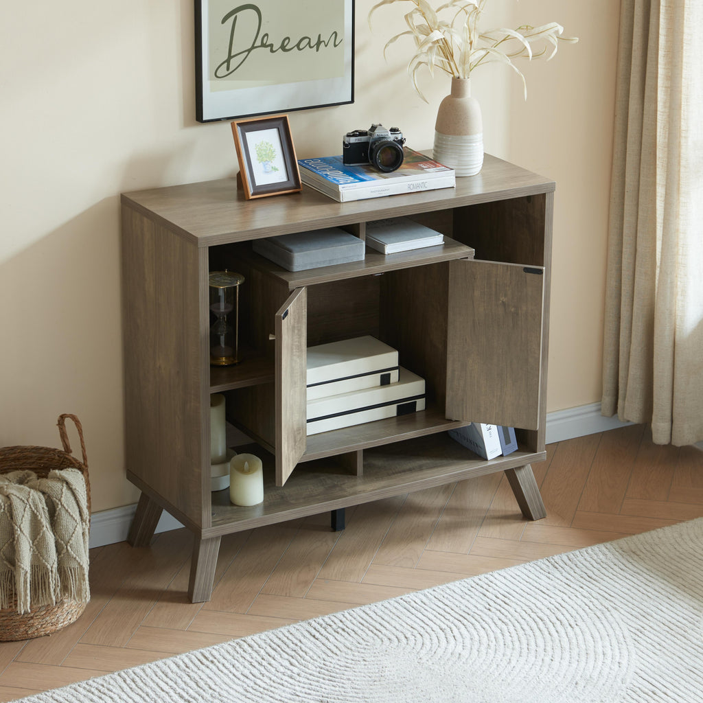 Compact display storage sideboard bookcase cabinet two door four open shelves metal knobs wooden flared legs