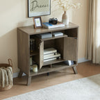 Compact display storage sideboard bookcase cabinet two door four open shelves metal knobs wooden flared legs