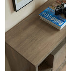 Compact display storage sideboard bookcase cabinet two door four open shelves metal knobs wooden flared legs