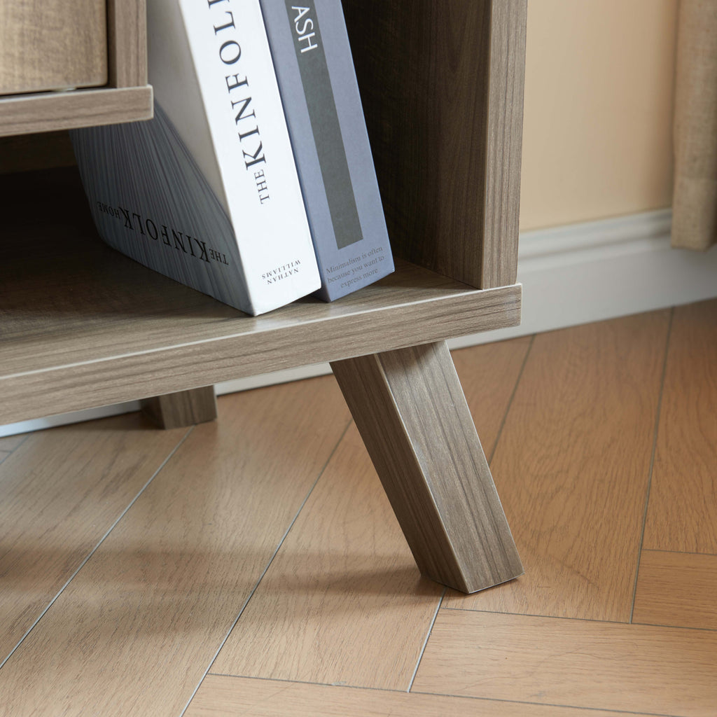 Compact display storage sideboard bookcase cabinet two door four open shelves metal knobs wooden flared legs