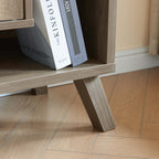 Compact display storage sideboard bookcase cabinet two door four open shelves metal knobs wooden flared legs