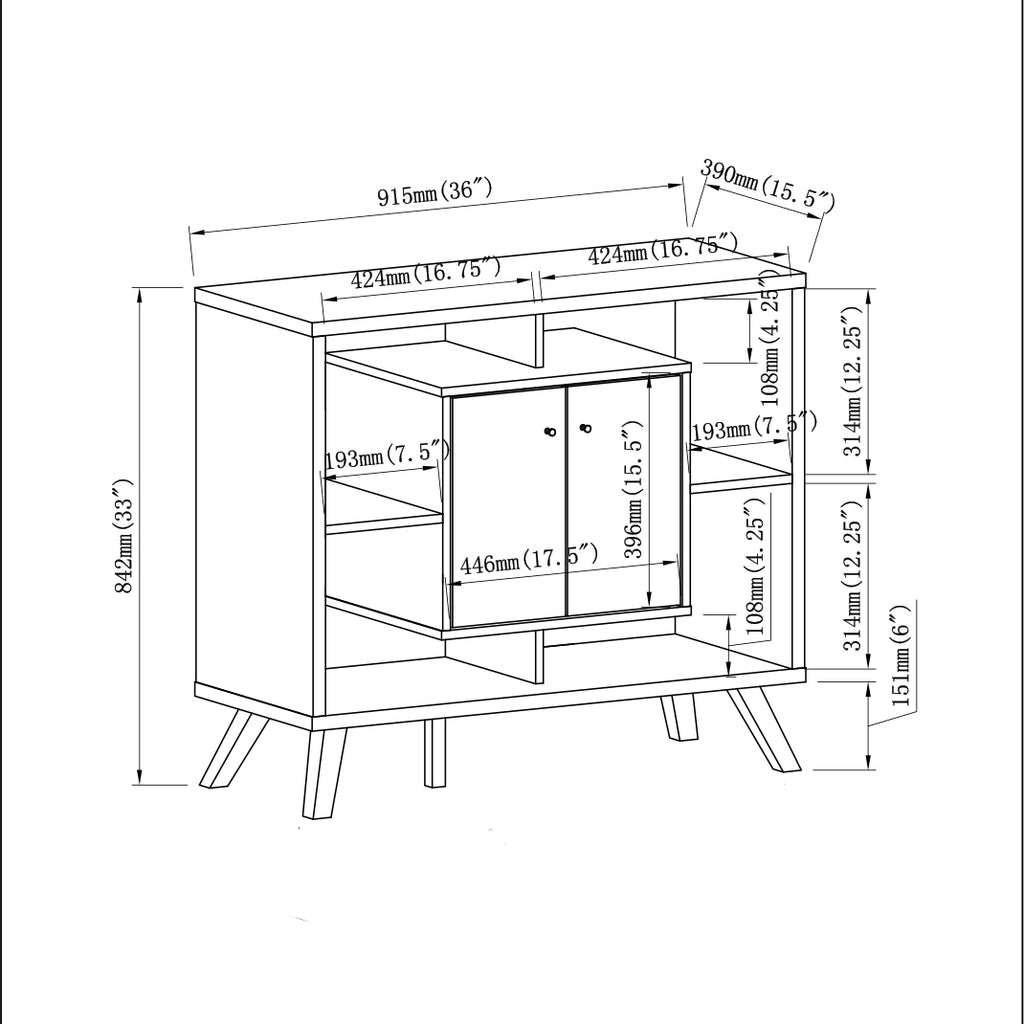 Compact display storage sideboard bookcase cabinet two door four open shelves metal knobs wooden flared legs