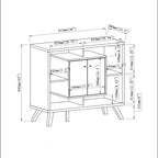 Compact display storage sideboard bookcase cabinet two door four open shelves metal knobs wooden flared legs