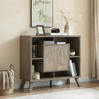 Compact display storage sideboard bookcase cabinet two door four open shelves metal knobs wooden flared legs