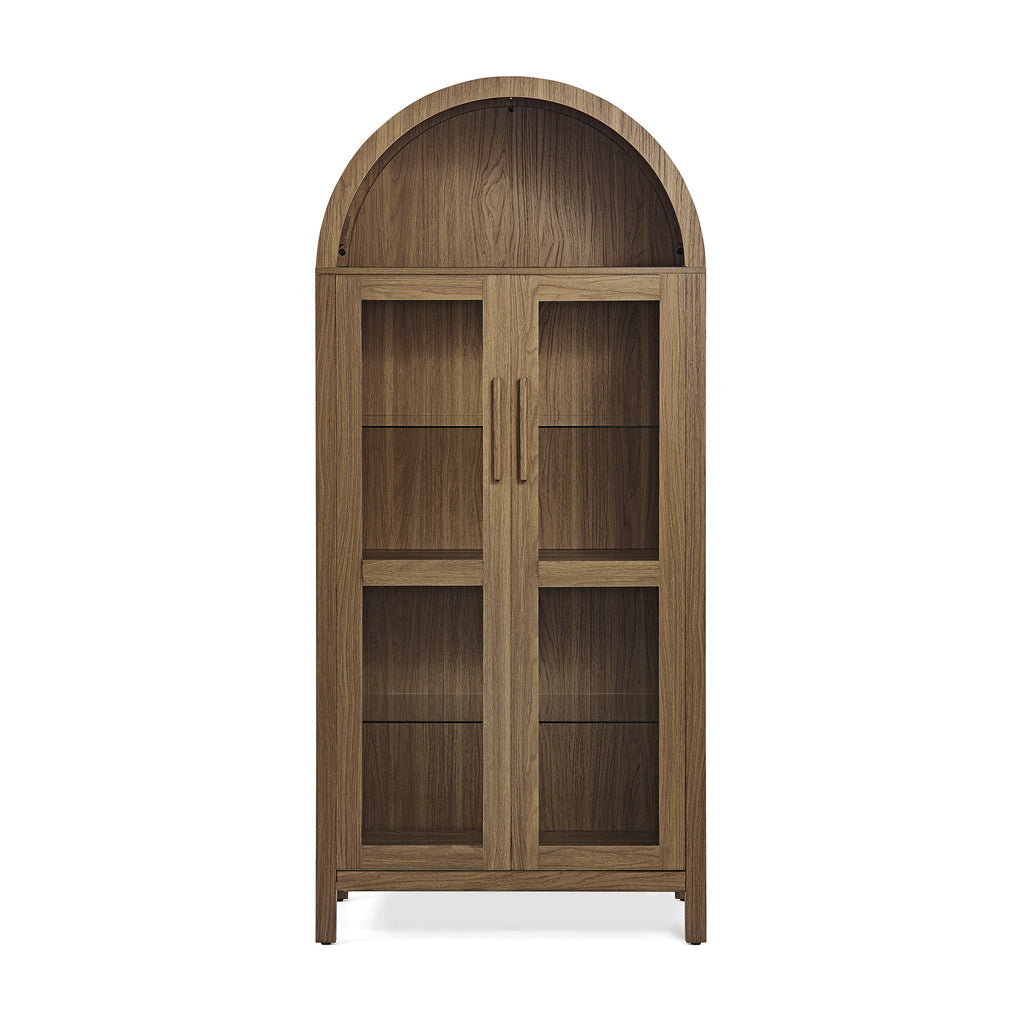 A high arched storage cabinet with a lamp, a modern retro-style wooden storage cabinet with adjustable glass partitions, suitable for use as a multi-functional cabinet in kitchens-Brown Food Pantry
