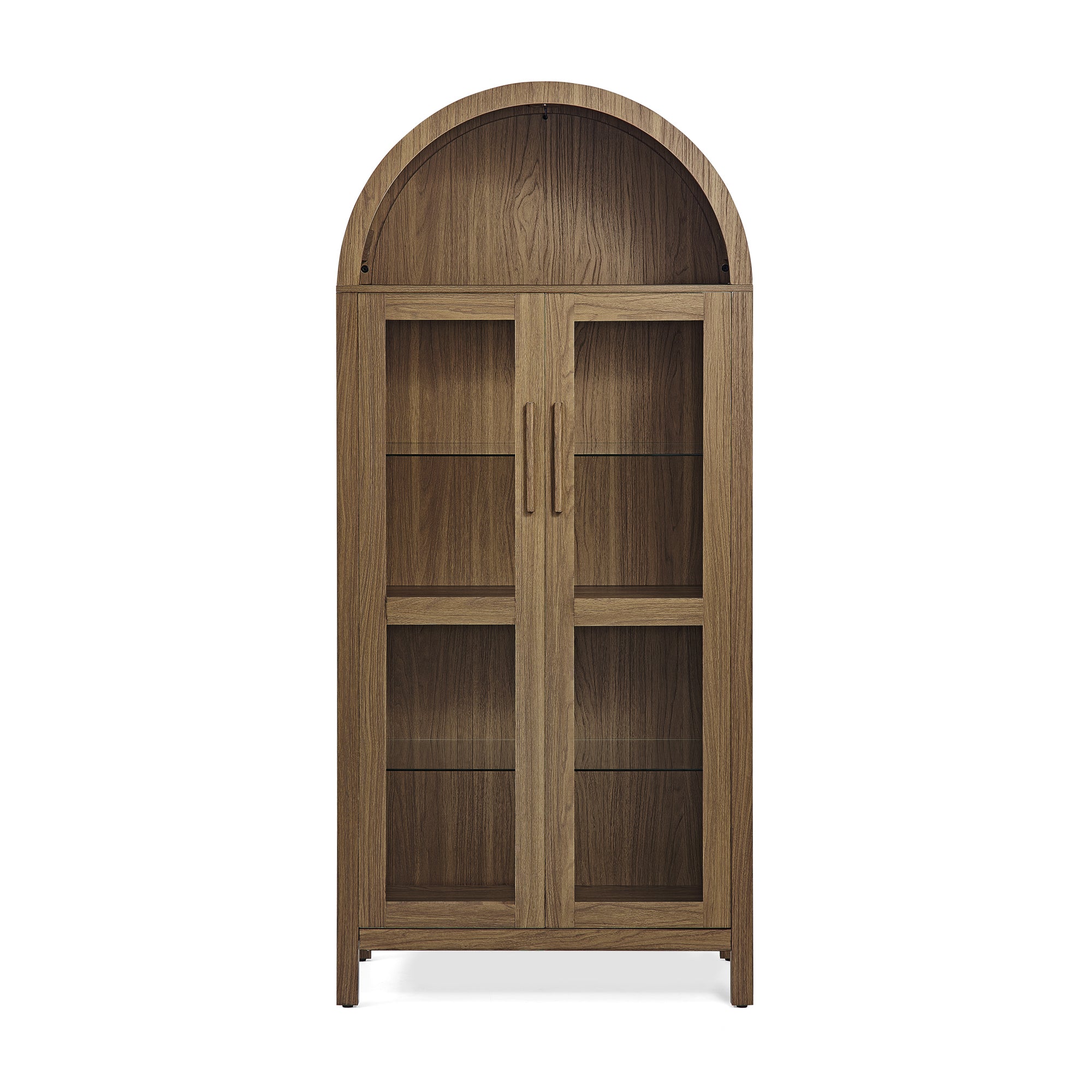 A high arched storage cabinet with a lamp, a modern retro-style wooden storage cabinet with adjustable glass partitions, suitable for use as a multi-functional cabinet in kitchens-Brown Food Pantry