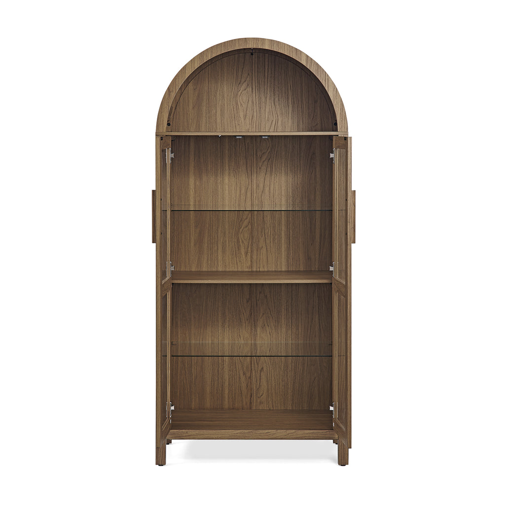 A high arched storage cabinet with a lamp, a modern retro-style wooden storage cabinet with adjustable glass partitions, suitable for use as a multi-functional cabinet in kitchens-Brown Food Pantry