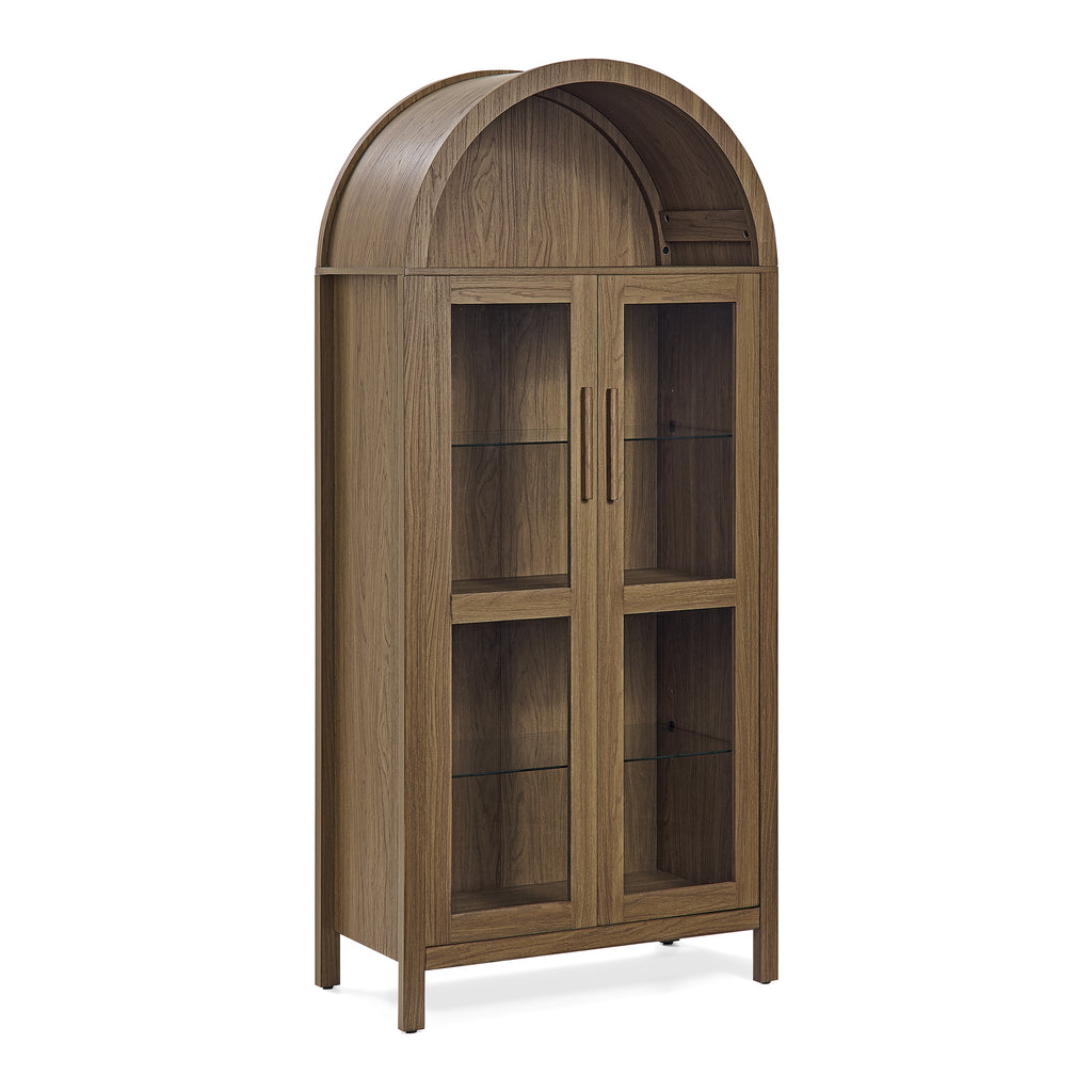 A high arched storage cabinet with a lamp, a modern retro-style wooden storage cabinet with adjustable glass partitions, suitable for use as a multi-functional cabinet in kitchens-Brown Food Pantry