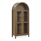 A high arched storage cabinet with a lamp, a modern retro-style wooden storage cabinet with adjustable glass partitions, suitable for use as a multi-functional cabinet in kitchens-Brown Food Pantry