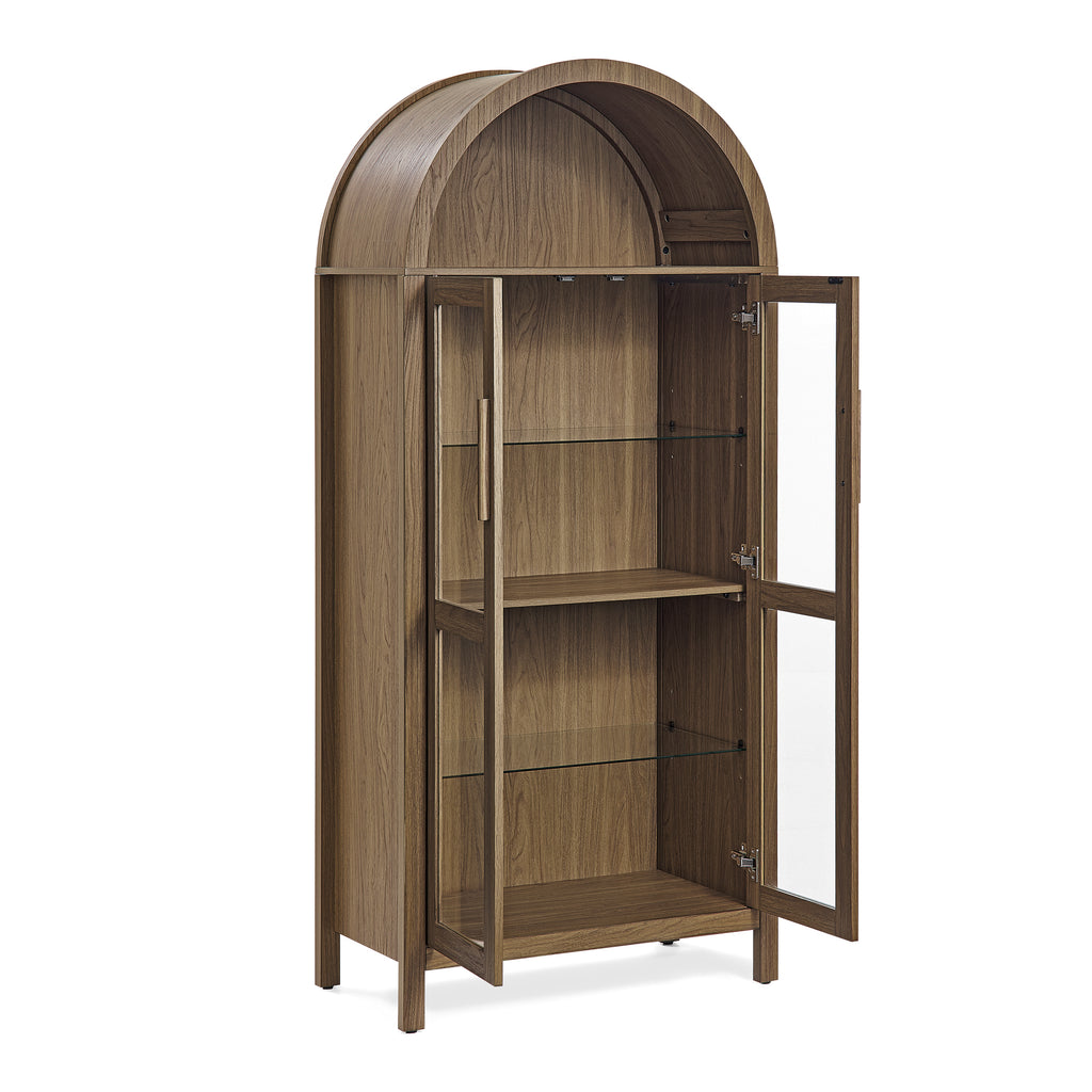 A high arched storage cabinet with a lamp, a modern retro-style wooden storage cabinet with adjustable glass partitions, suitable for use as a multi-functional cabinet in kitchens-Brown Food Pantry