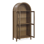 A high arched storage cabinet with a lamp, a modern retro-style wooden storage cabinet with adjustable glass partitions, suitable for use as a multi-functional cabinet in kitchens-Brown Food Pantry