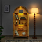 A high arched storage cabinet with a lamp, a modern retro-style wooden storage cabinet with adjustable glass partitions, suitable for use as a multi-functional cabinet in kitchens-Brown Food Pantry