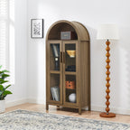 A high arched storage cabinet with a lamp, a modern retro-style wooden storage cabinet with adjustable glass partitions, suitable for use as a multi-functional cabinet in kitchens-Brown Food Pantry