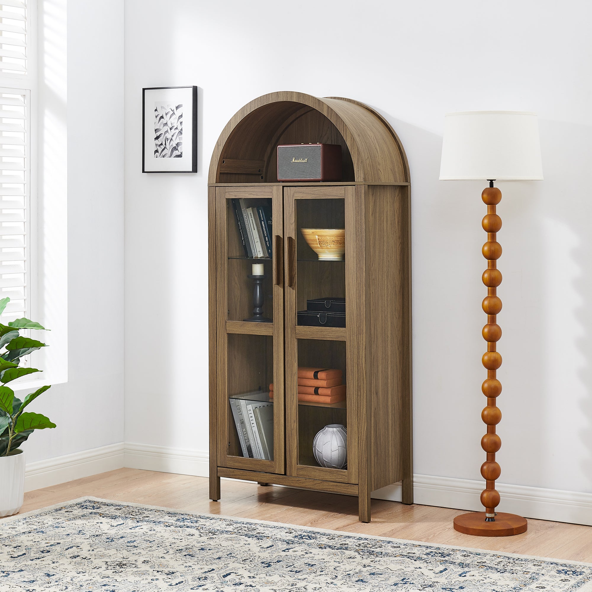 A high arched storage cabinet with a lamp, a modern retro-style wooden storage cabinet with adjustable glass partitions, suitable for use as a multi-functional cabinet in kitchens-Brown Food Pantry