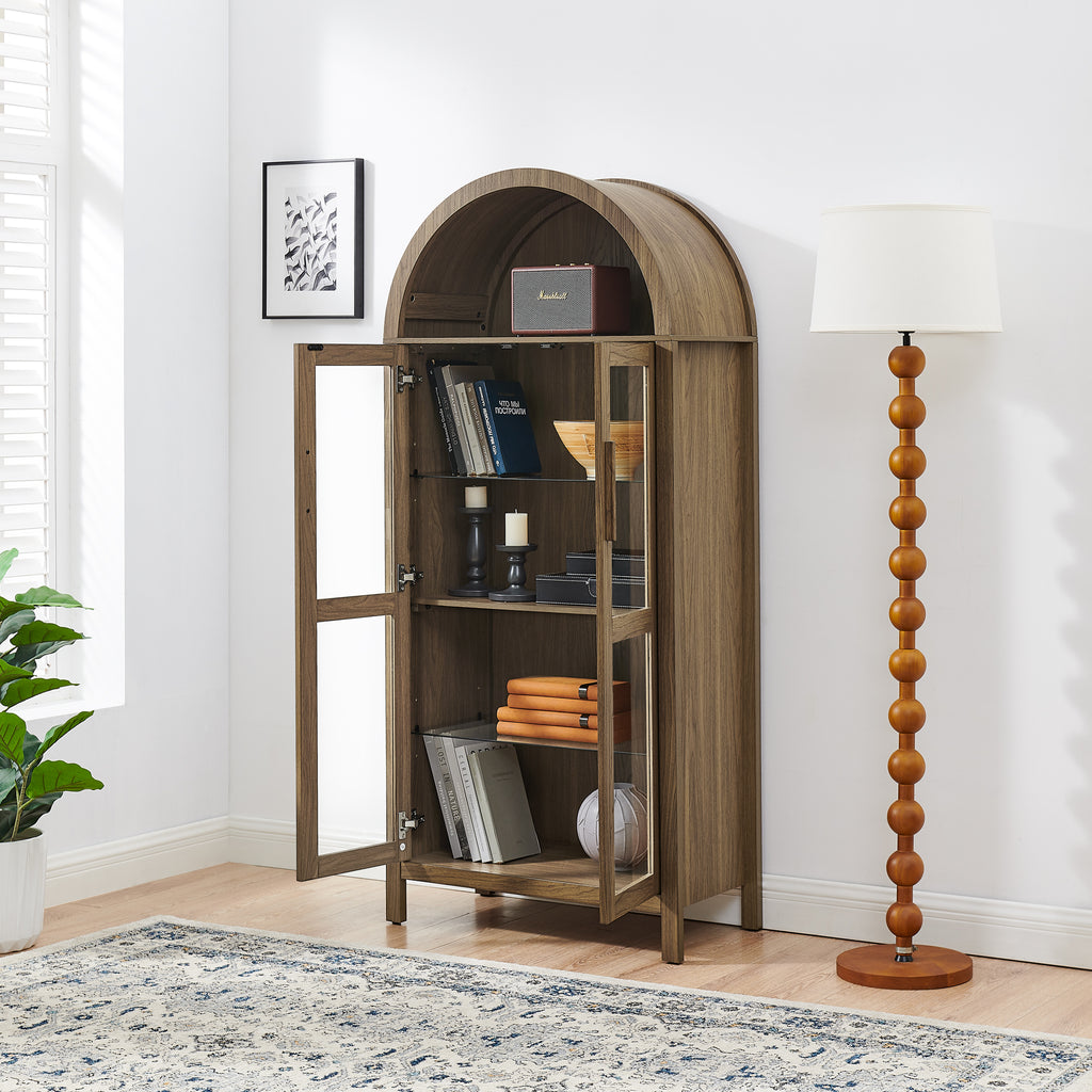 A high arched storage cabinet with a lamp, a modern retro-style wooden storage cabinet with adjustable glass partitions, suitable for use as a multi-functional cabinet in kitchens-Brown Food Pantry