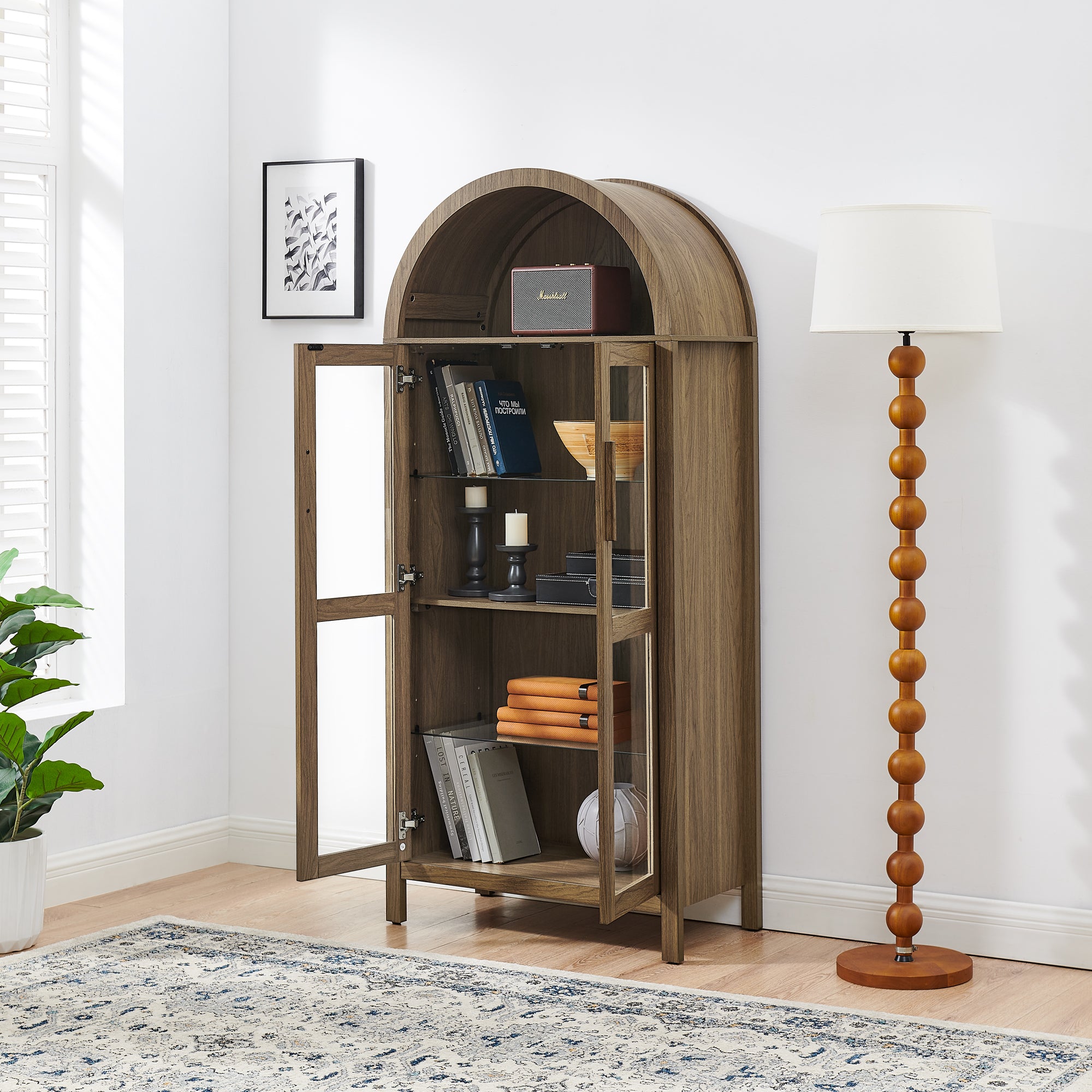 A high arched storage cabinet with a lamp, a modern retro-style wooden storage cabinet with adjustable glass partitions, suitable for use as a multi-functional cabinet in kitchens-Brown Food Pantry
