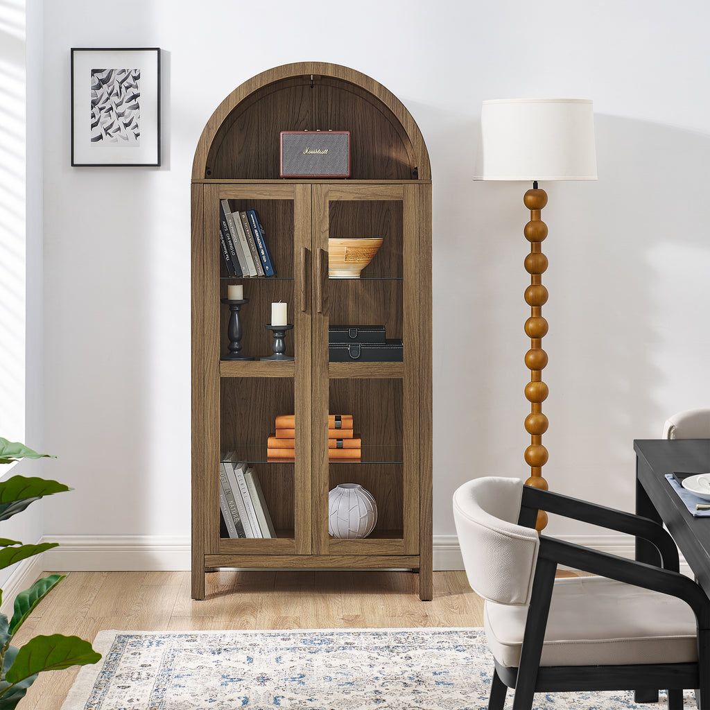A high arched storage cabinet with a lamp, a modern retro-style wooden storage cabinet with adjustable glass partitions, suitable for use as a multi-functional cabinet in kitchens-Brown Food Pantry