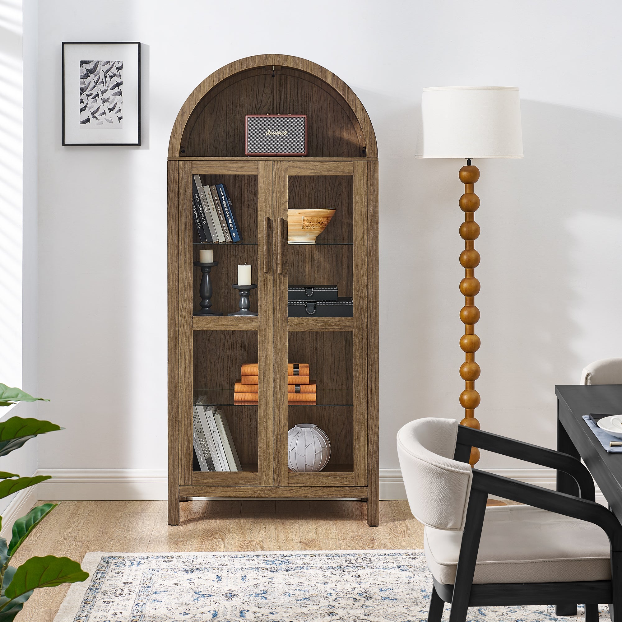 A high arched storage cabinet with a lamp, a modern retro-style wooden storage cabinet with adjustable glass partitions, suitable for use as a multi-functional cabinet in kitchens-Brown Food Pantry