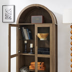 A high arched storage cabinet with a lamp, a modern retro-style wooden storage cabinet with adjustable glass partitions, suitable for use as a multi-functional cabinet in kitchens-Brown Food Pantry