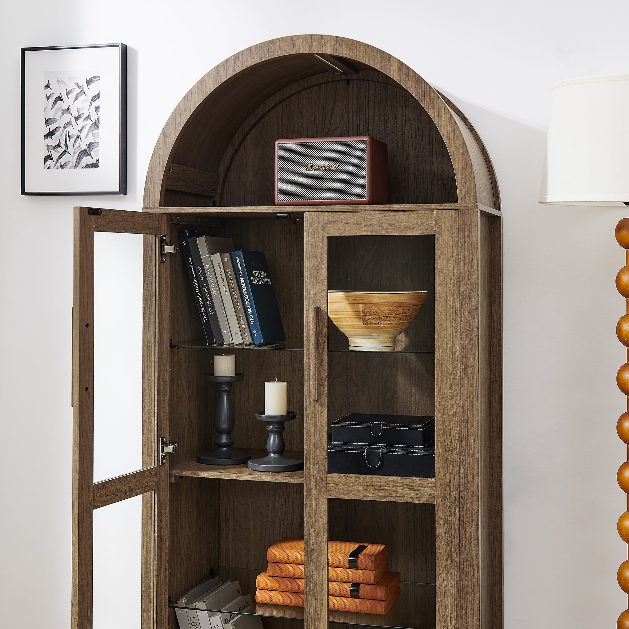 A high arched storage cabinet with a lamp, a modern retro-style wooden storage cabinet with adjustable glass partitions, suitable for use as a multi-functional cabinet in kitchens-Brown Food Pantry