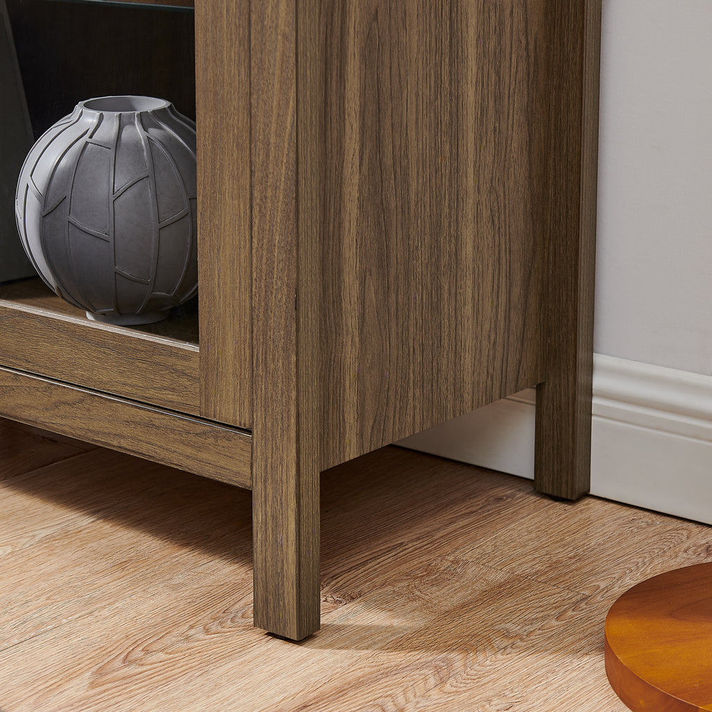 A high arched storage cabinet with a lamp, a modern retro-style wooden storage cabinet with adjustable glass partitions, suitable for use as a multi-functional cabinet in kitchens-Brown Food Pantry