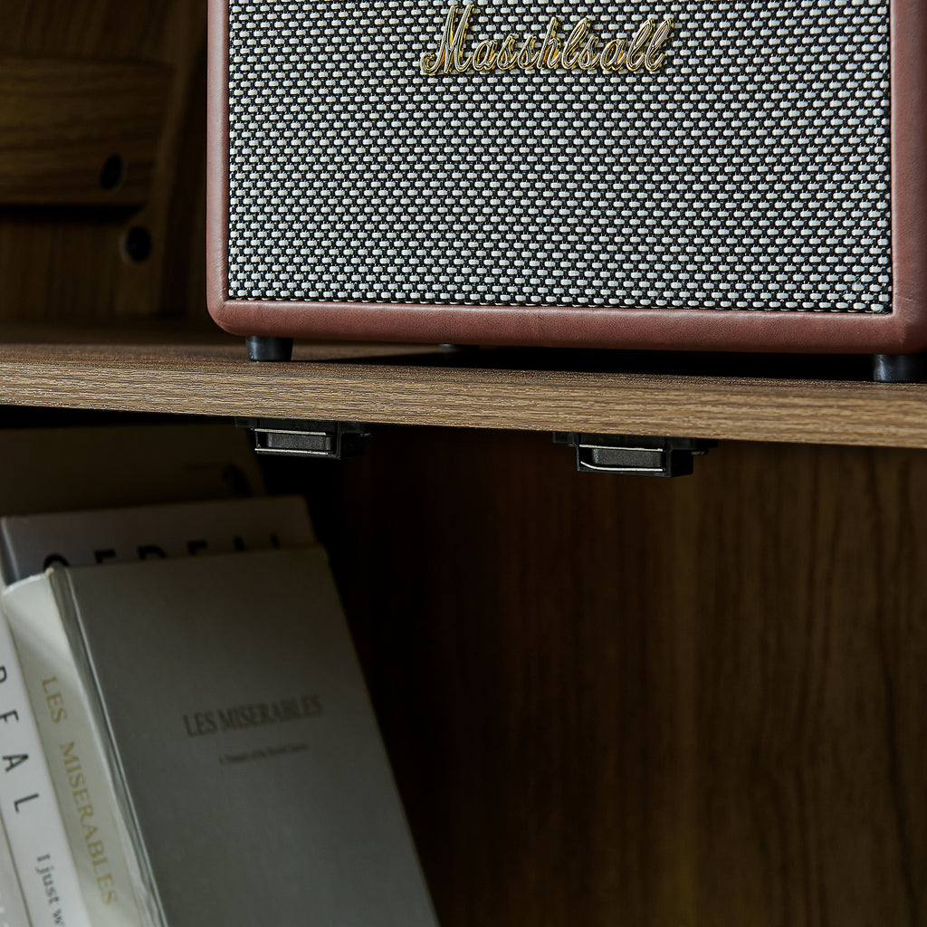 A high arched storage cabinet with a lamp, a modern retro-style wooden storage cabinet with adjustable glass partitions, suitable for use as a multi-functional cabinet in kitchens-Brown Food Pantry