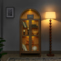 A high arched storage cabinet with a lamp, a modern retro-style wooden storage cabinet with adjustable glass partitions, suitable for use as a multi-functional cabinet in kitchens-Brown Food Pantry