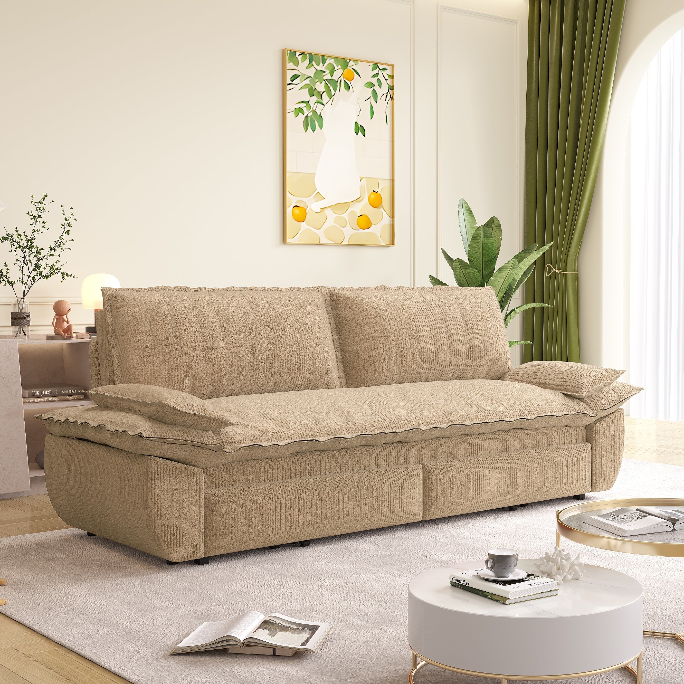 73.2' Queen Pull Out Sofa Bed,3-in-1 Convertible Sleeper Sofa,Multi-Functional Corduroy Loveseat Bed,Camel Sofa