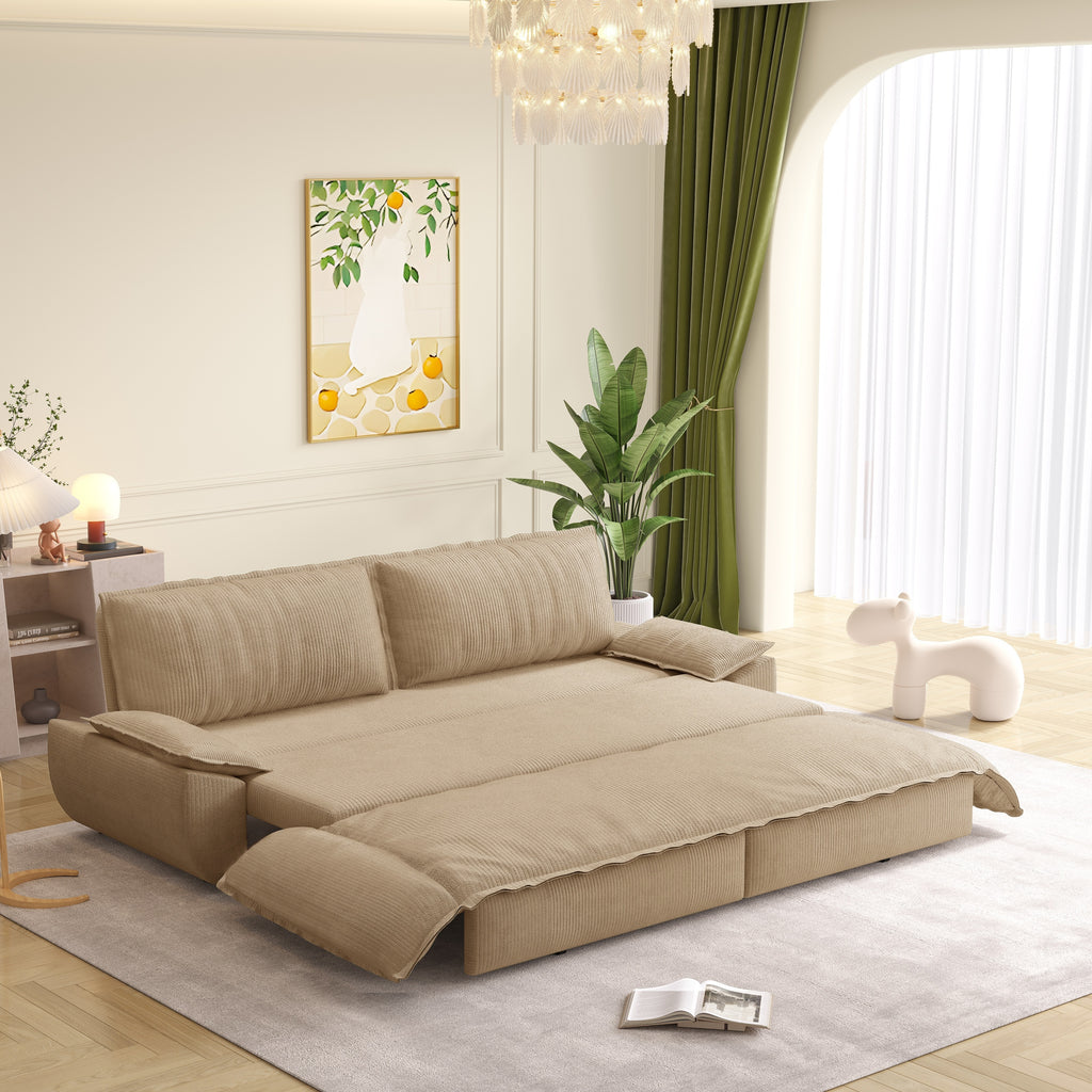 73.2' Queen Pull Out Sofa Bed,3-in-1 Convertible Sleeper Sofa,Multi-Functional Corduroy Loveseat Bed,Camel Sofa