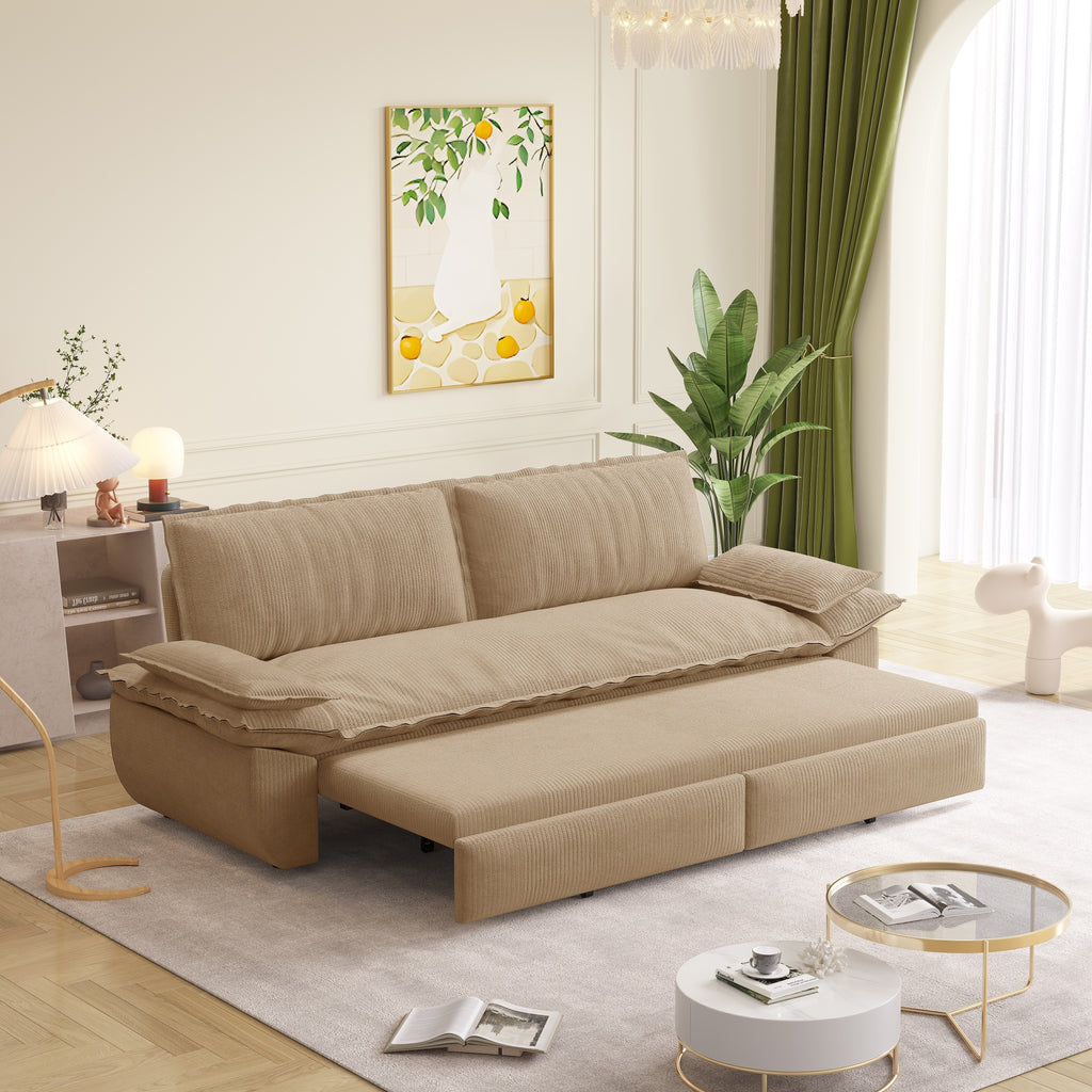 73.2' Queen Pull Out Sofa Bed,3-in-1 Convertible Sleeper Sofa,Multi-Functional Corduroy Loveseat Bed,Camel Sofa