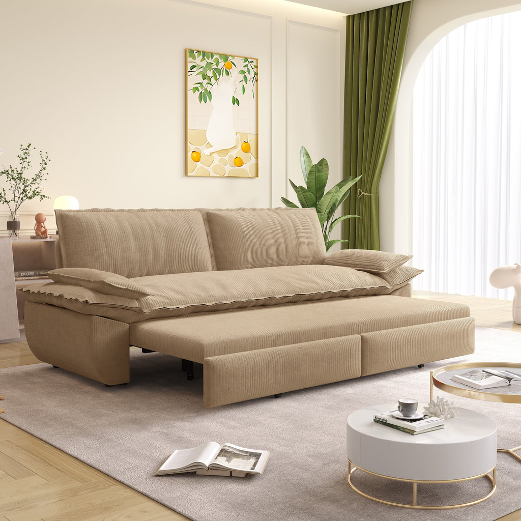 73.2' Queen Pull Out Sofa Bed,3-in-1 Convertible Sleeper Sofa,Multi-Functional Corduroy Loveseat Bed,Camel Sofa