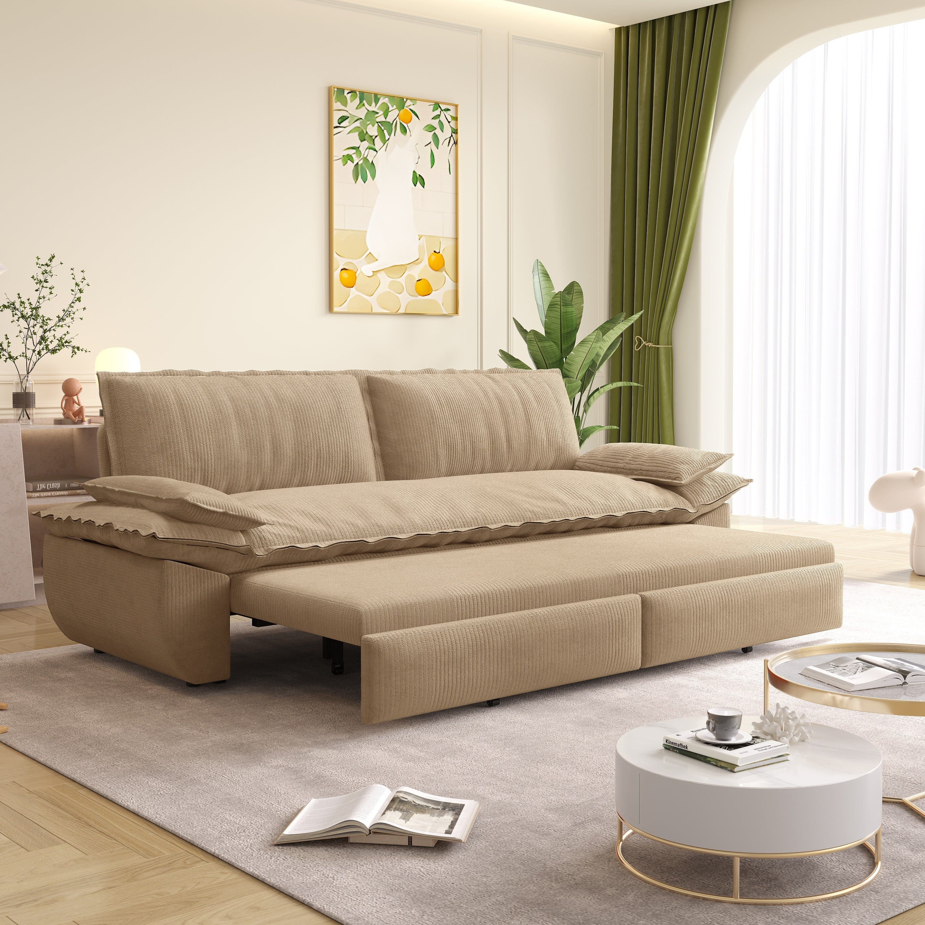 73.2' Queen Pull Out Sofa Bed,3-in-1 Convertible Sleeper Sofa,Multi-Functional Corduroy Loveseat Bed,Camel Sofa