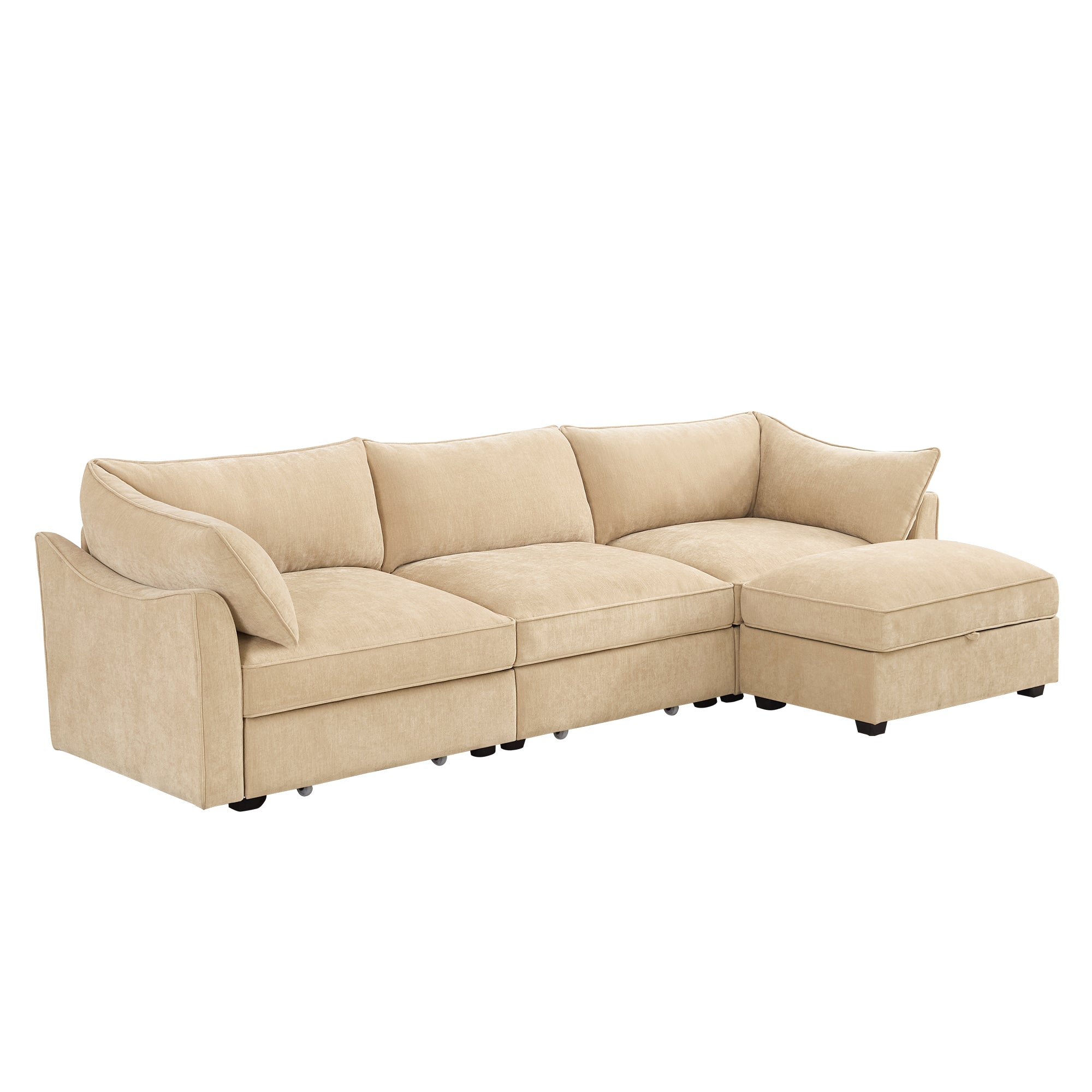 L-Shaped 3 Seater Sectional Sofa Couch,3-seat Sofa with 1 Movable Ottoman, Crescent-shaped Armrests And Wraparound Back & Armrest Cushions,Soft, Comfortable, Wide and Deep Seat, Chenille Color