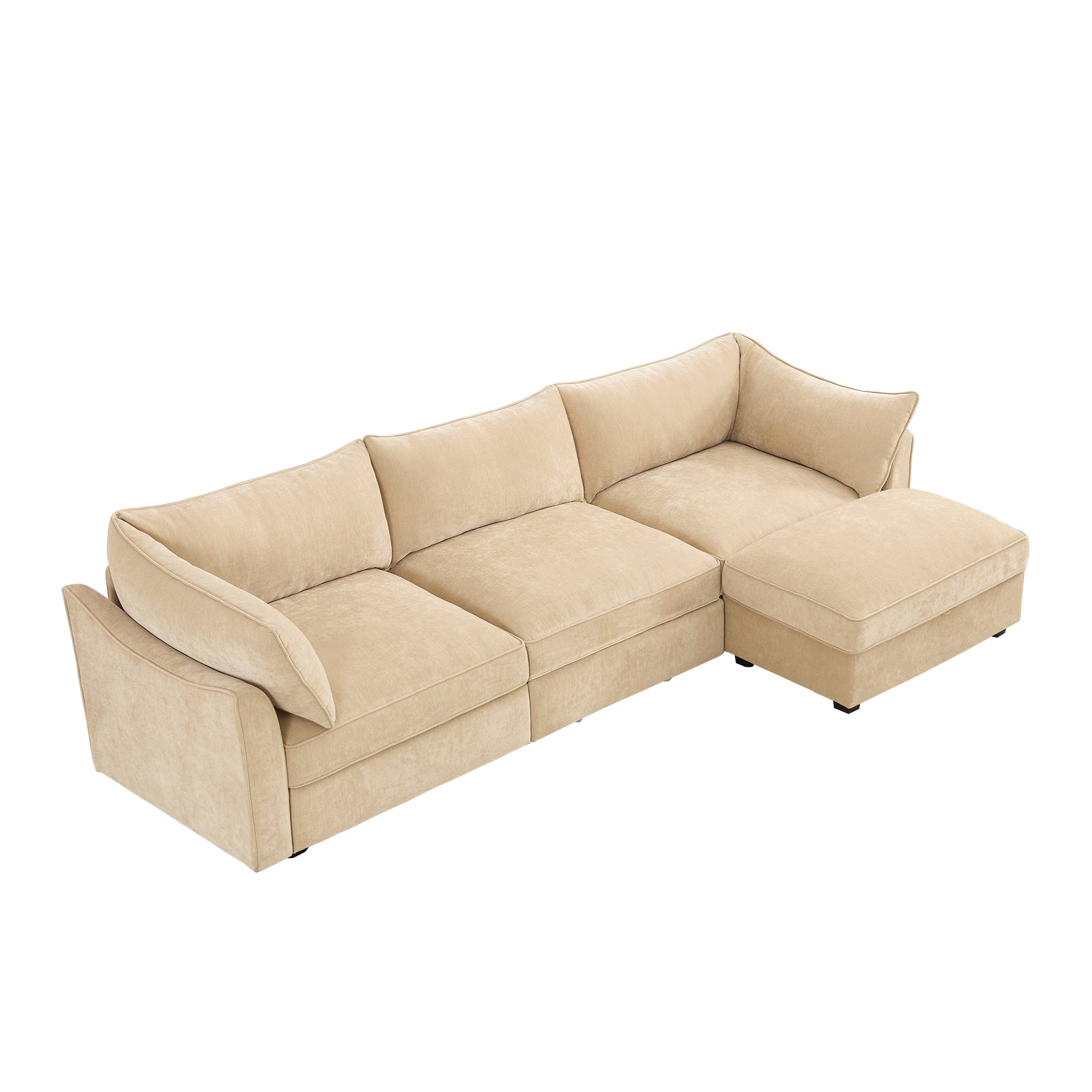 L-Shaped 3 Seater Sectional Sofa Couch,3-seat Sofa with 1 Movable Ottoman, Crescent-shaped Armrests And Wraparound Back & Armrest Cushions,Soft, Comfortable, Wide and Deep Seat, Chenille Color