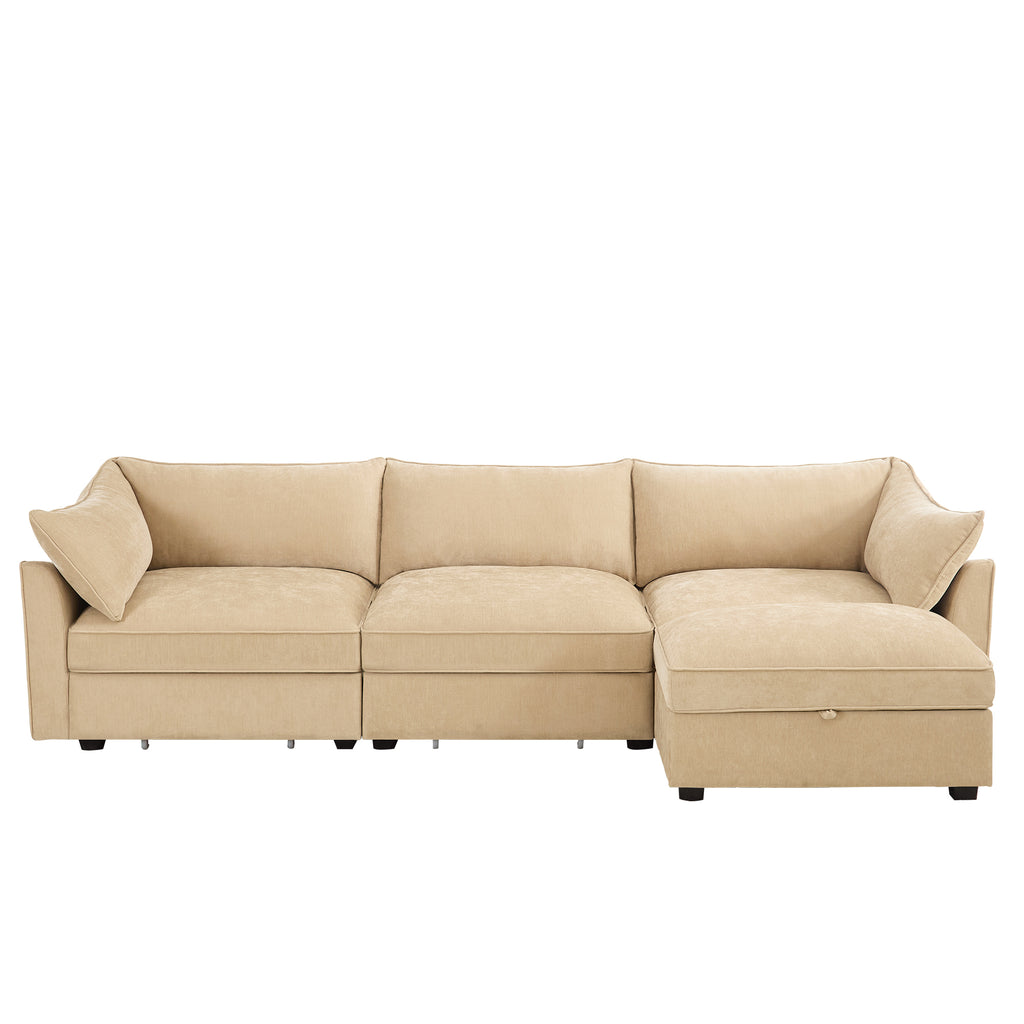 L-Shaped 3 Seater Sectional Sofa Couch,3-seat Sofa with 1 Movable Ottoman, Crescent-shaped Armrests And Wraparound Back & Armrest Cushions,Soft, Comfortable, Wide and Deep Seat, Chenille Color