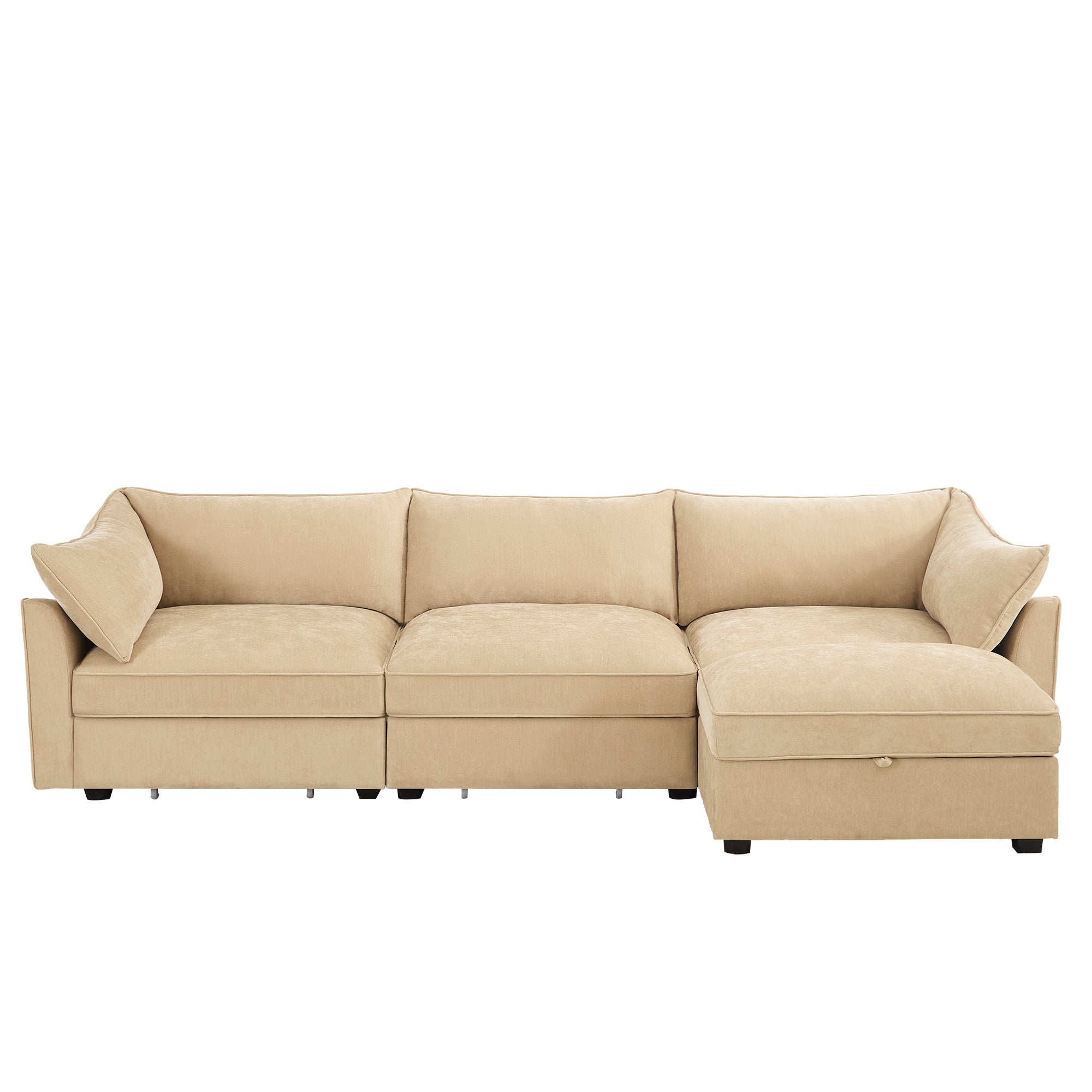 L-Shaped 3 Seater Sectional Sofa Couch,3-seat Sofa with 1 Movable Ottoman, Crescent-shaped Armrests And Wraparound Back & Armrest Cushions,Soft, Comfortable, Wide and Deep Seat, Chenille Color