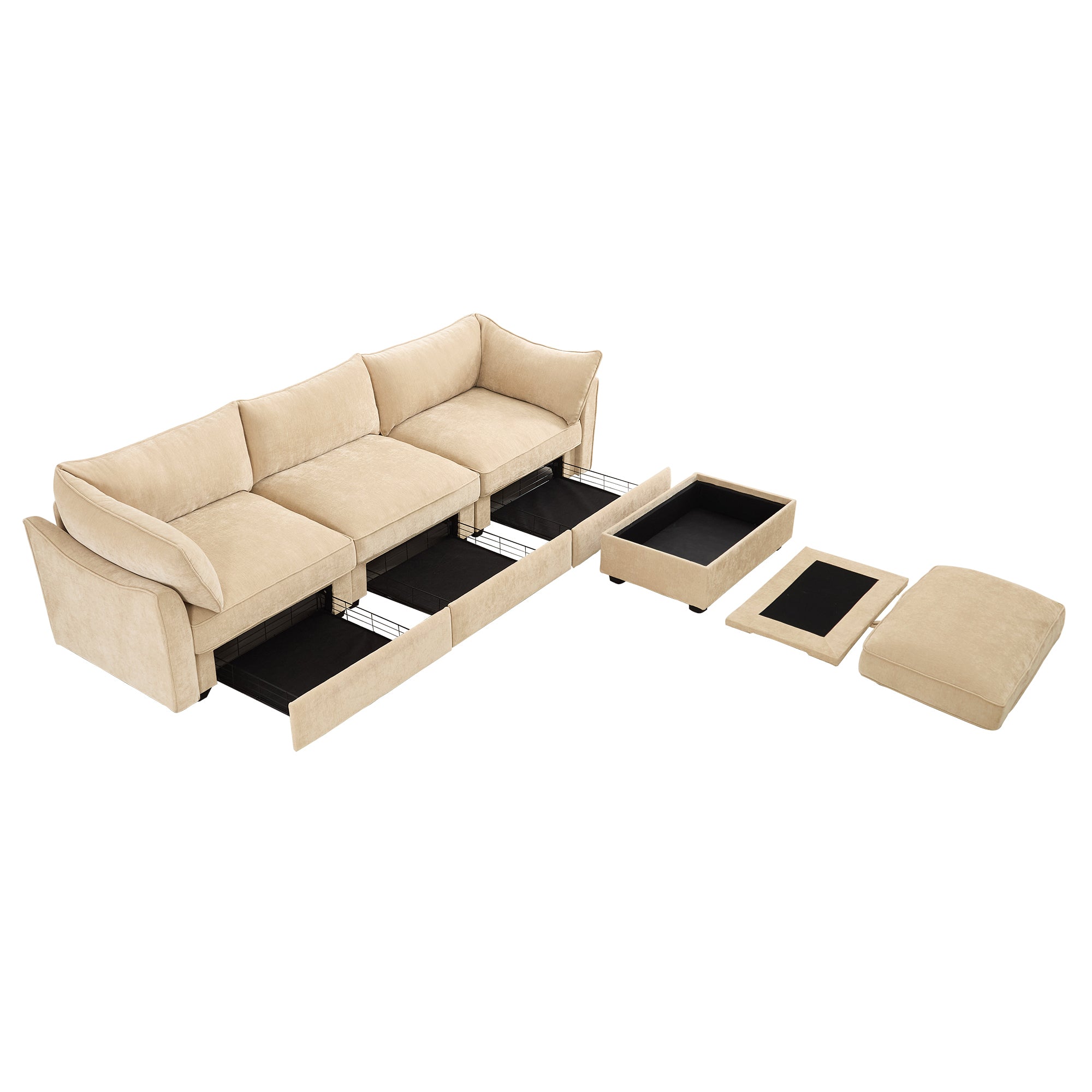 L-Shaped 3 Seater Sectional Sofa Couch,3-seat Sofa with 1 Movable Ottoman, Crescent-shaped Armrests And Wraparound Back & Armrest Cushions,Soft, Comfortable, Wide and Deep Seat, Chenille Color