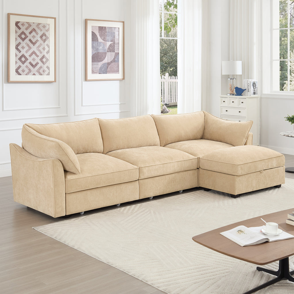 L-Shaped 3 Seater Sectional Sofa Couch,3-seat Sofa with 1 Movable Ottoman, Crescent-shaped Armrests And Wraparound Back & Armrest Cushions,Soft, Comfortable, Wide and Deep Seat, Chenille Color